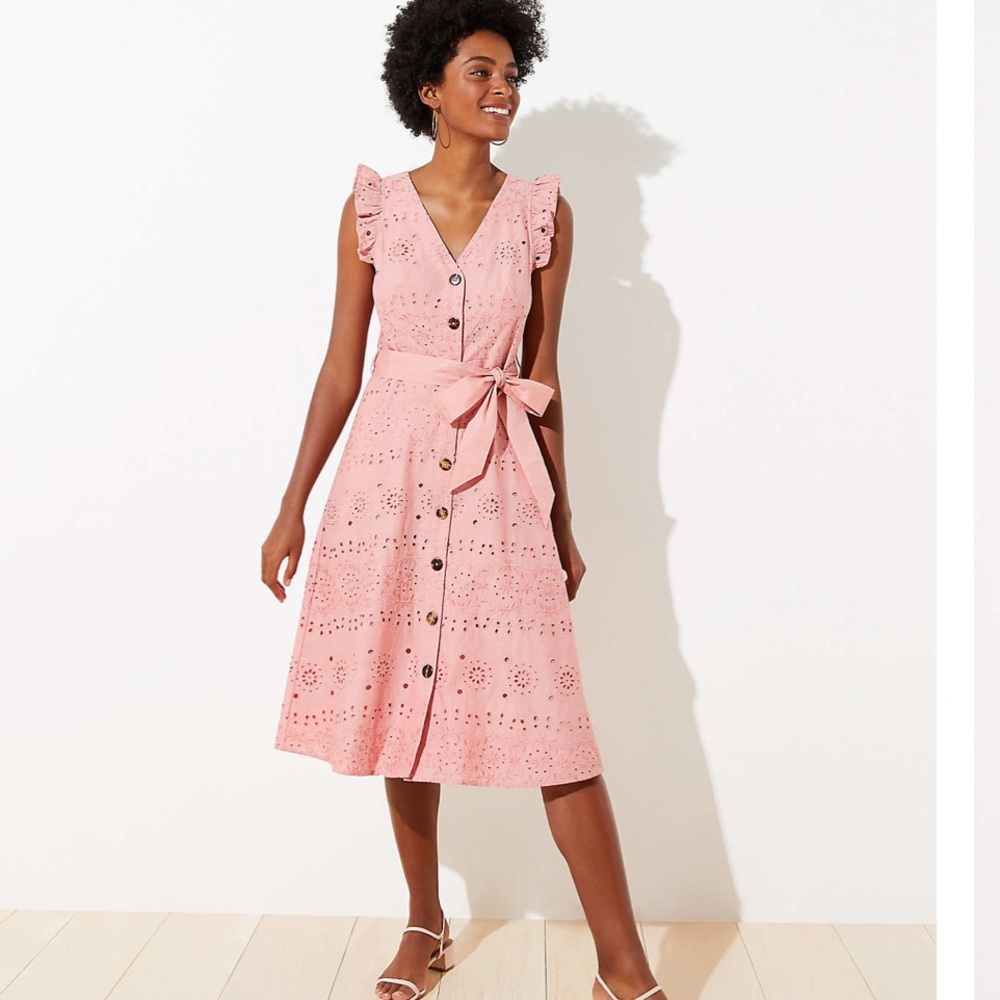 LOFT Eyelet Ruffle Pocket Midi Dress